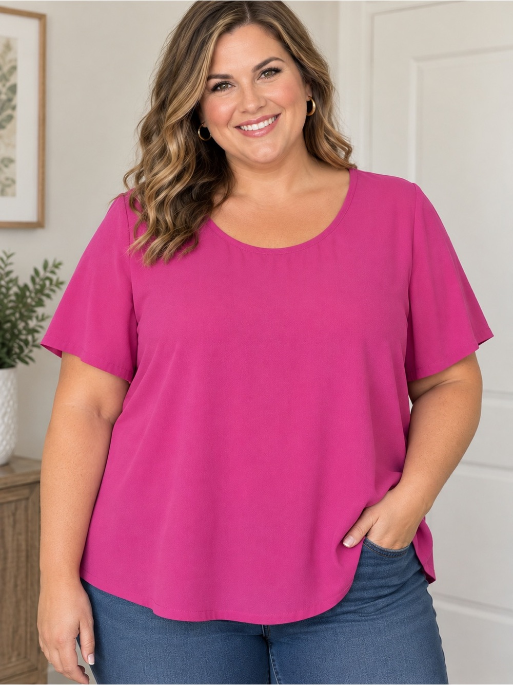 14th & Union Scoop Neck Short Sleeve Top - Fuchsia